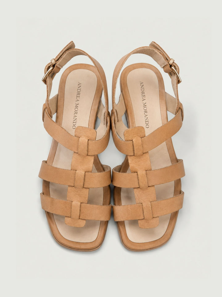 Sandalo con listini in pelle color cuoio 15103 TAN ANDREA MORANDO 