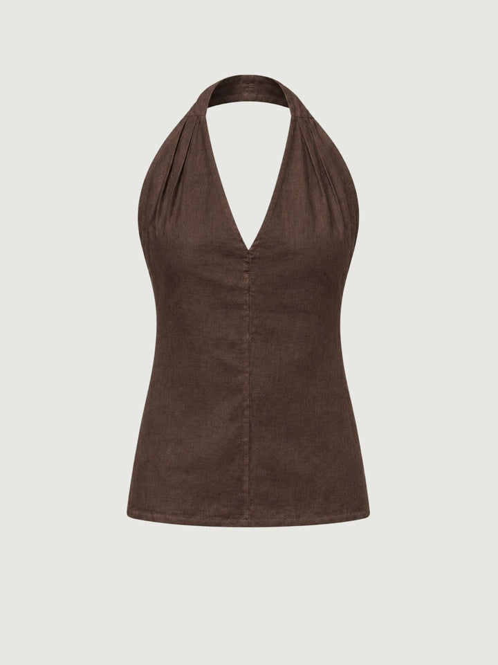 Top con scollo a V in lino testa di moro 6TS0527 MORO ANDREA MORANDO 