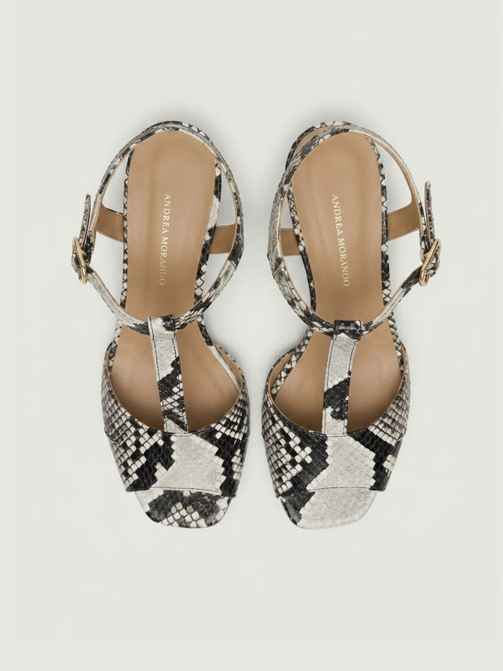 Sandalo T-Bar in pelle pitonata bianco grigio R1102 BEIGE ANDREA MORANDO 