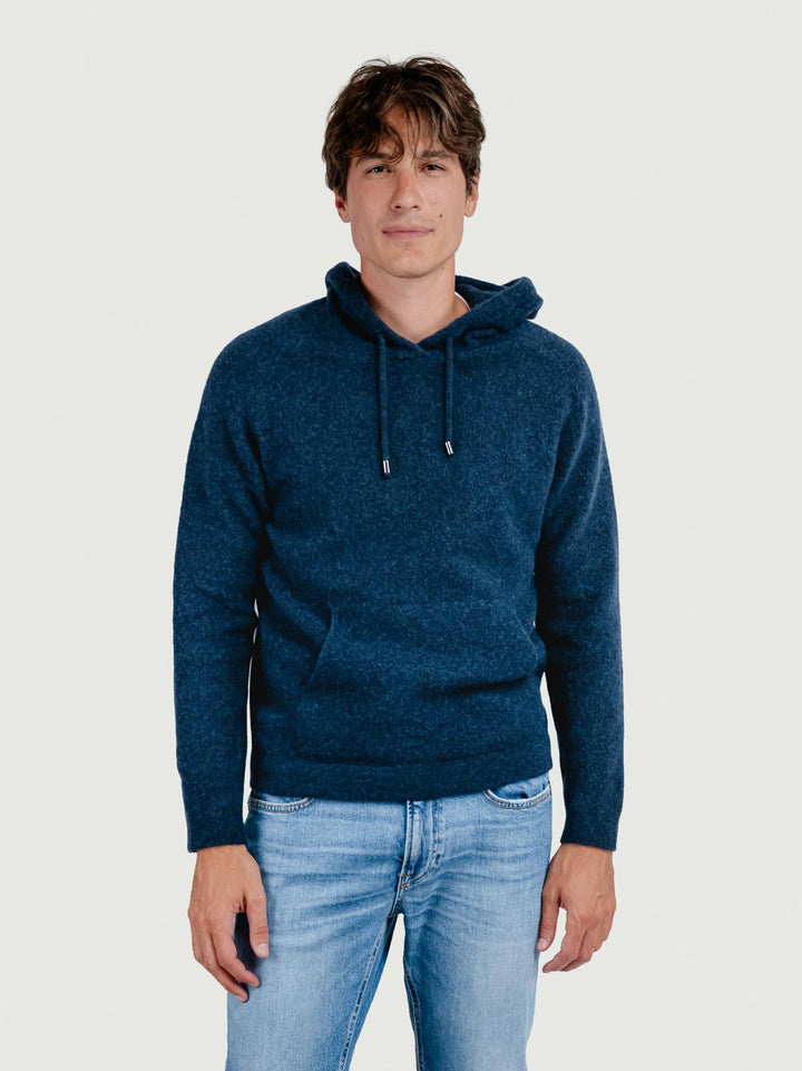 FELPA CON CAPPUCCIO IN LANA MERINO BLU NAVY