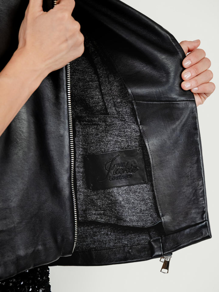 GIACCA GEMINI IN PELLE NERA CON MANICHE IN MAGLIA