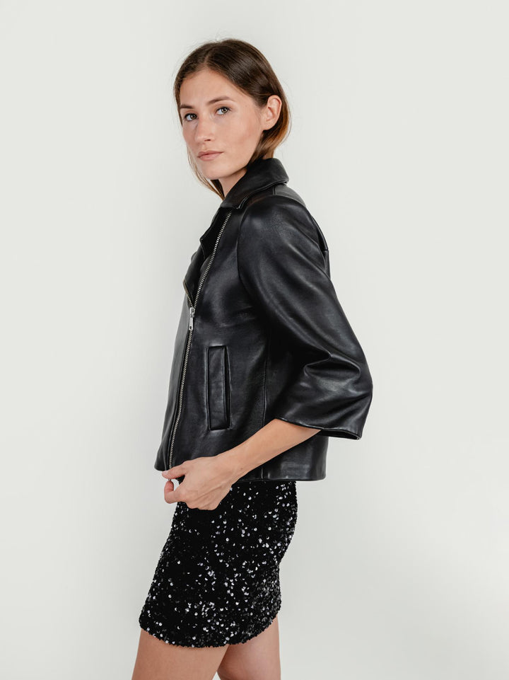 GIACCA GEMINI IN PELLE NERA CON MANICHE IN MAGLIA