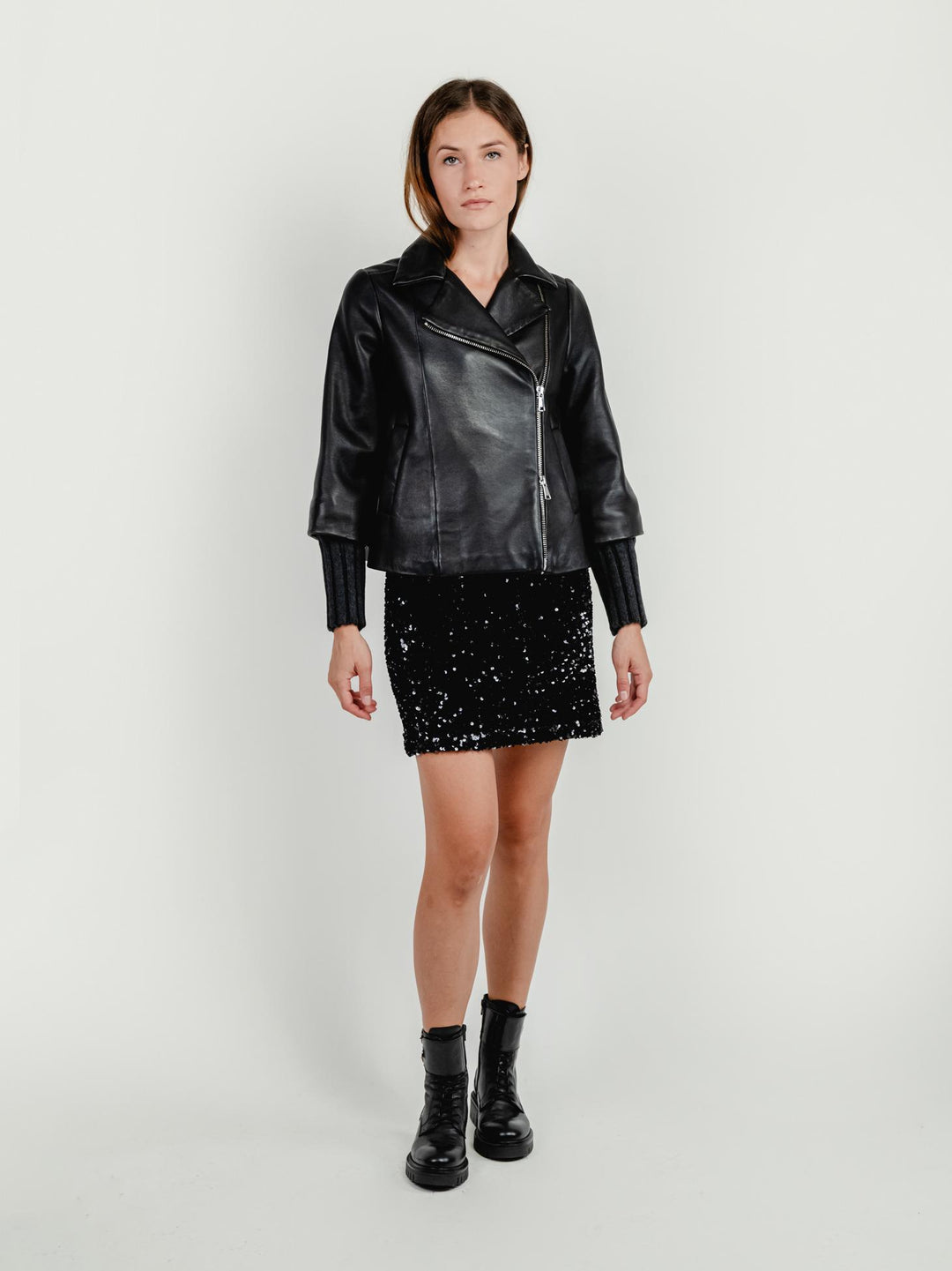 GIACCA GEMINI IN PELLE NERA CON MANICHE IN MAGLIA