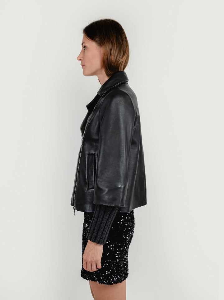 GIACCA GEMINI IN PELLE NERA CON MANICHE IN MAGLIA