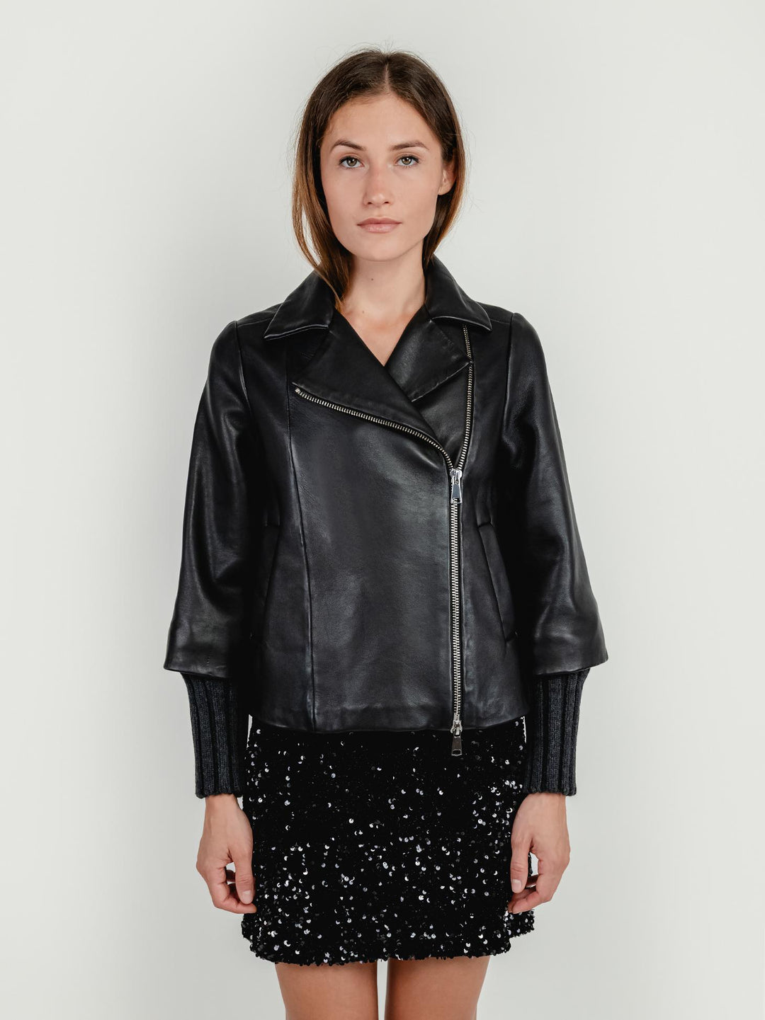 GIACCA GEMINI IN PELLE NERA CON MANICHE IN MAGLIA