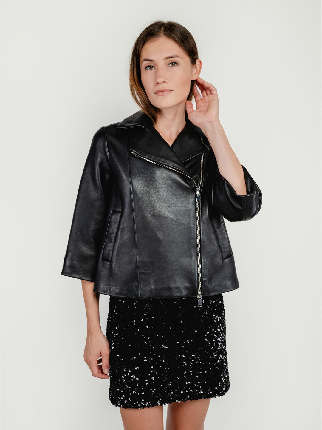 GIACCA GEMINI IN PELLE NERA CON MANICHE IN MAGLIA