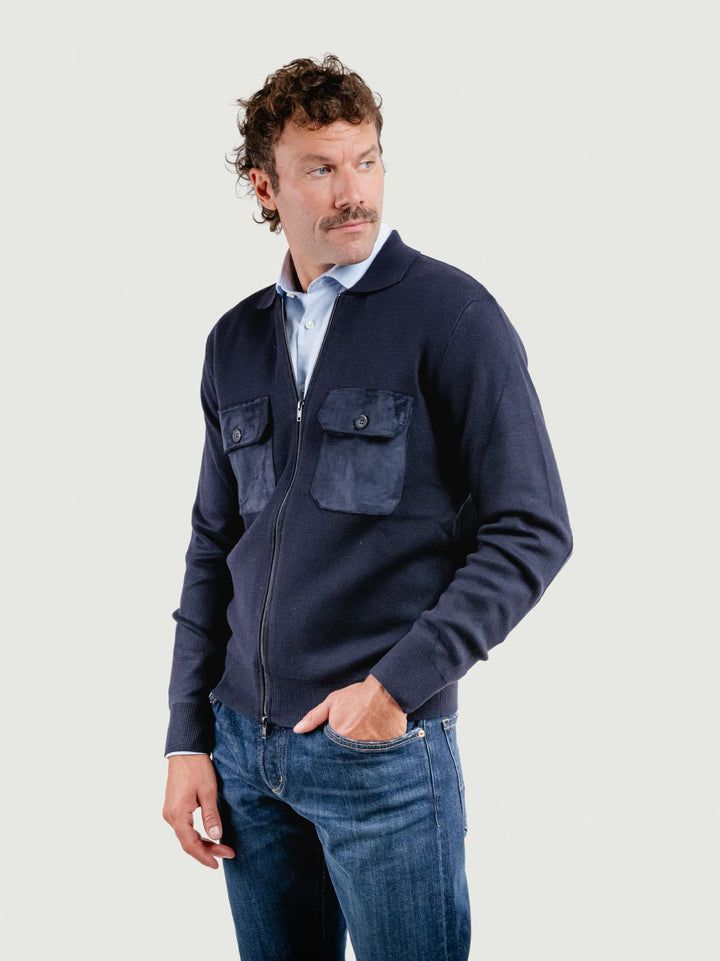 GIACCA IN MAGLIA CON INSERTI IN ALCANTARA BLU NAVY