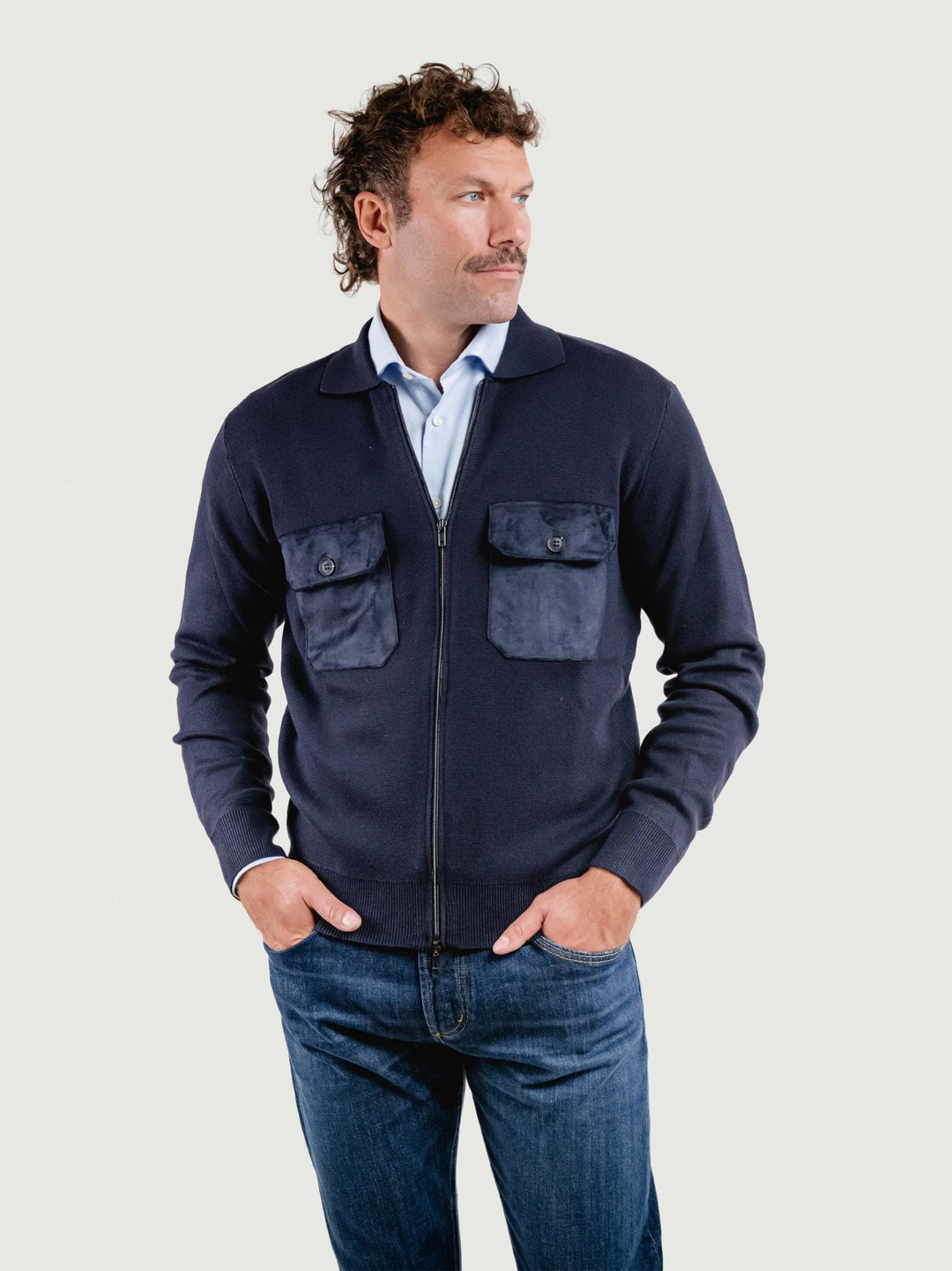 GIACCA IN MAGLIA CON INSERTI IN ALCANTARA BLU NAVY