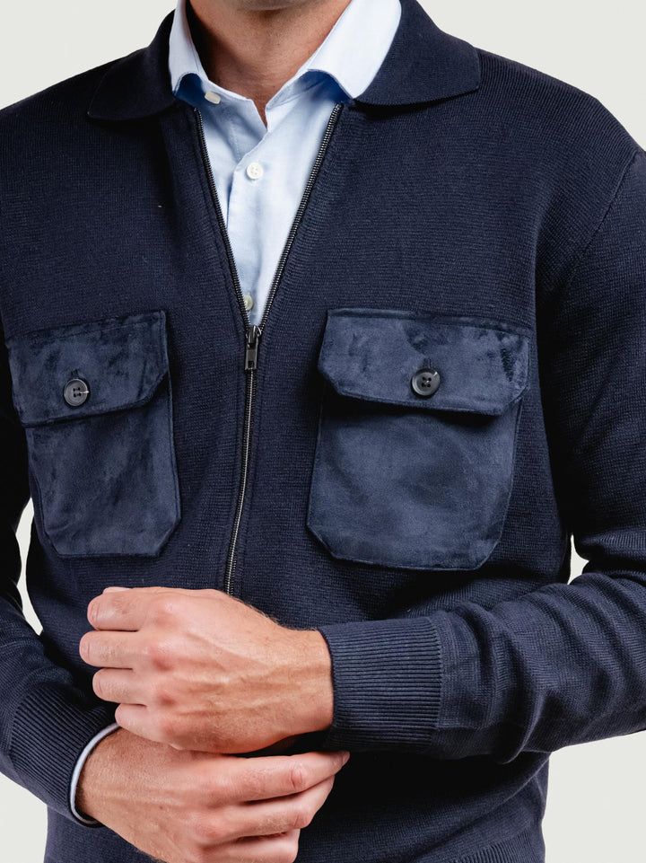 GIACCA IN MAGLIA CON INSERTI IN ALCANTARA BLU NAVY