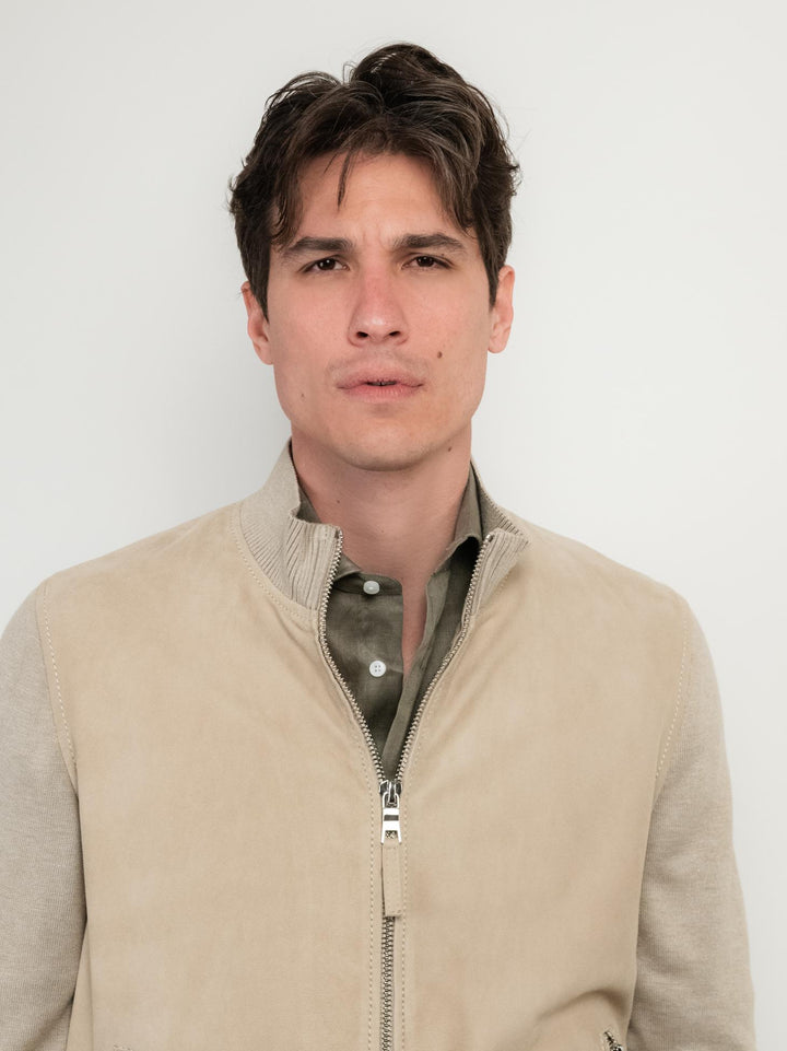 GIACCA IN PELLE SCAMOSCIATA E MAGLIA BEIGE DEREK KNIT