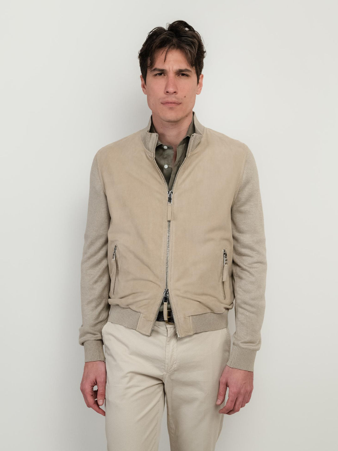 GIACCA IN PELLE SCAMOSCIATA E MAGLIA BEIGE DEREK KNIT