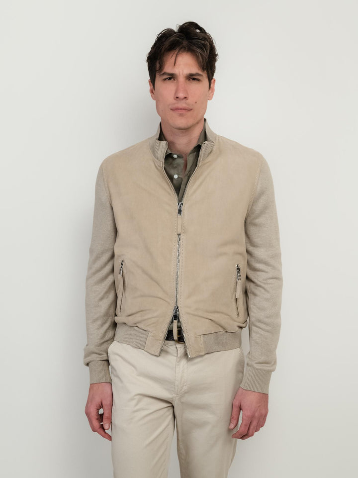GIACCA IN PELLE SCAMOSCIATA E MAGLIA BEIGE DEREK KNIT