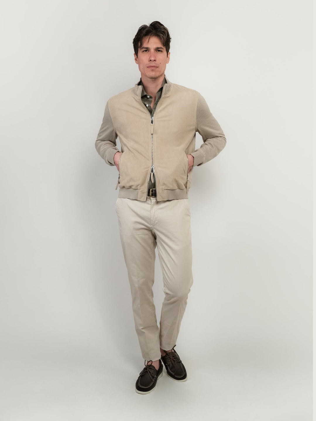 GIACCA IN PELLE SCAMOSCIATA E MAGLIA BEIGE DEREK KNIT