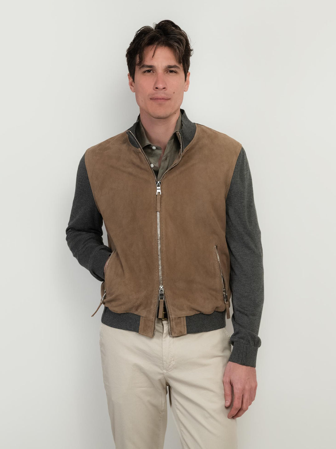 GIACCA IN PELLE SCAMOSCIATA MARRONE E MAGLIA GRIGIA DEREK KNIT
