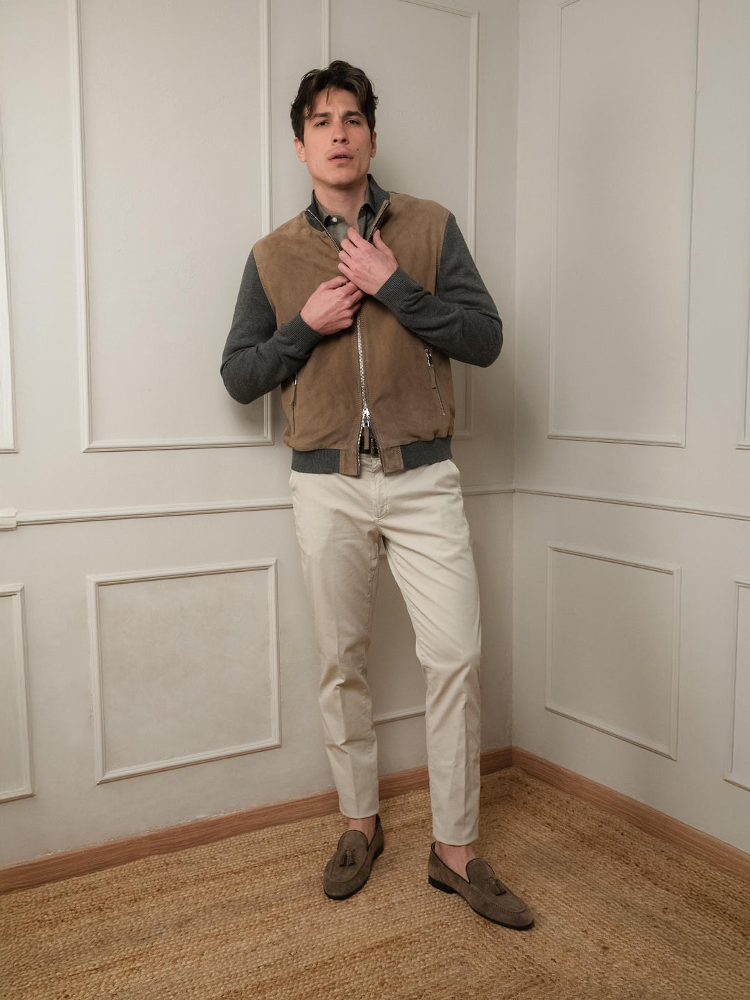 GIACCA IN PELLE SCAMOSCIATA MARRONE E MAGLIA GRIGIA DEREK KNIT