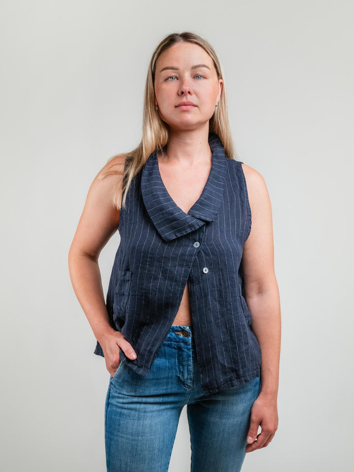 GILET IN LINO GESSATO BLU
