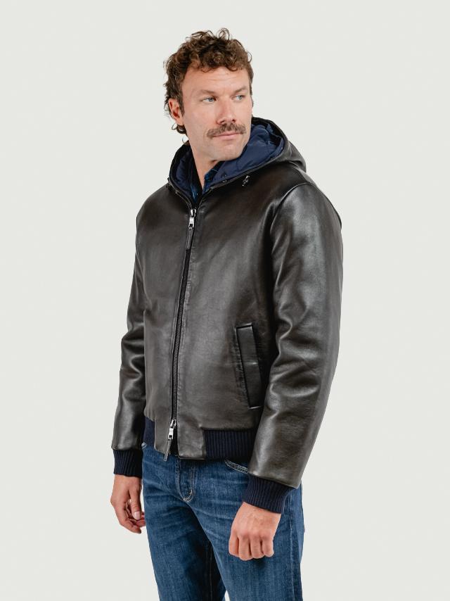 GIUBBOTTO IMBOTTITO JONAH CON CAPPUCCIO IN PELLE MARRONE