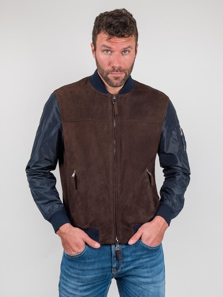 Giubbotto in camoscio marrone con maniche e inserti in nylon blu  "Rude Boy"