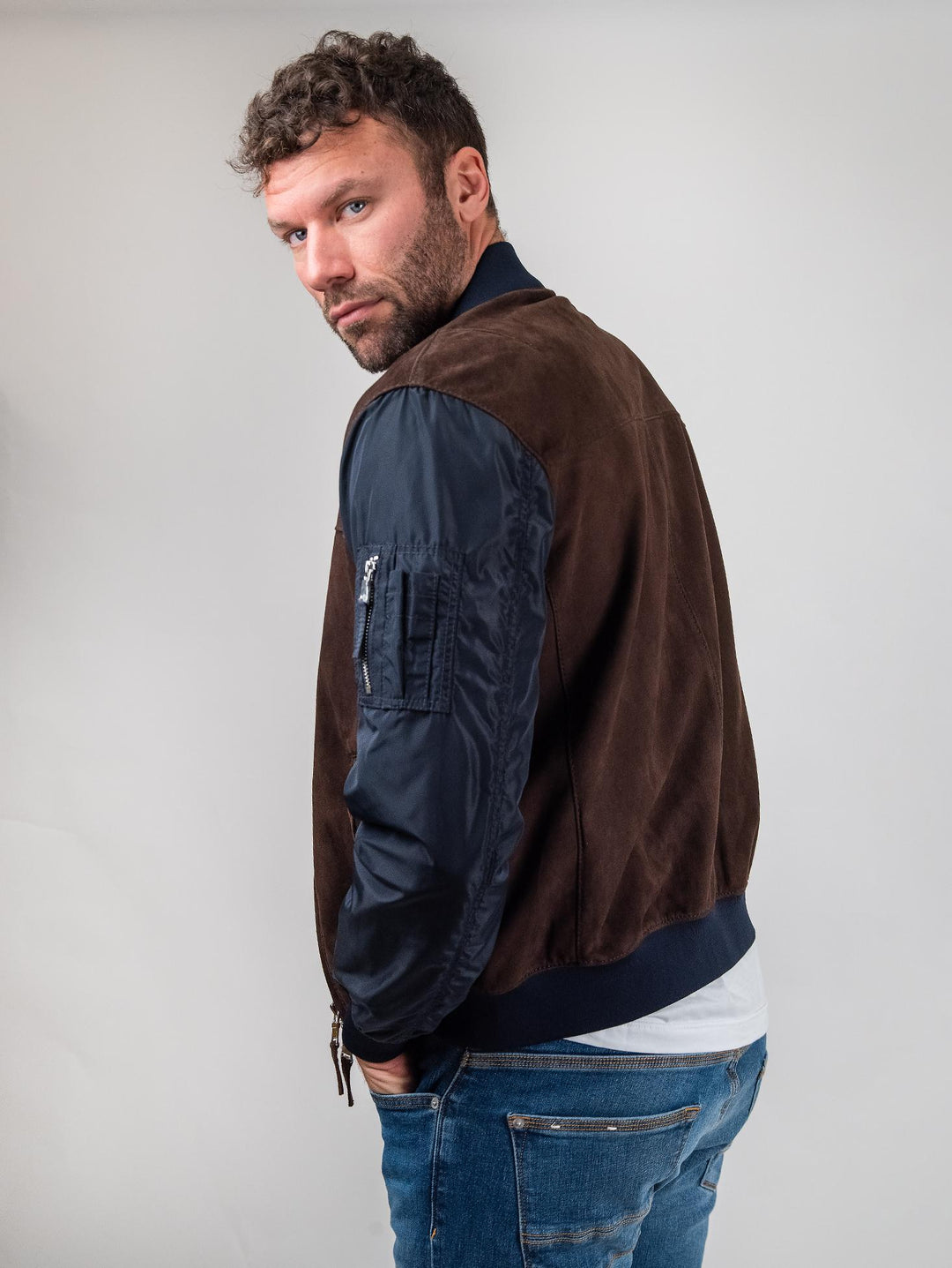 Giubbotto in camoscio marrone con maniche e inserti in nylon blu  "Rude Boy"