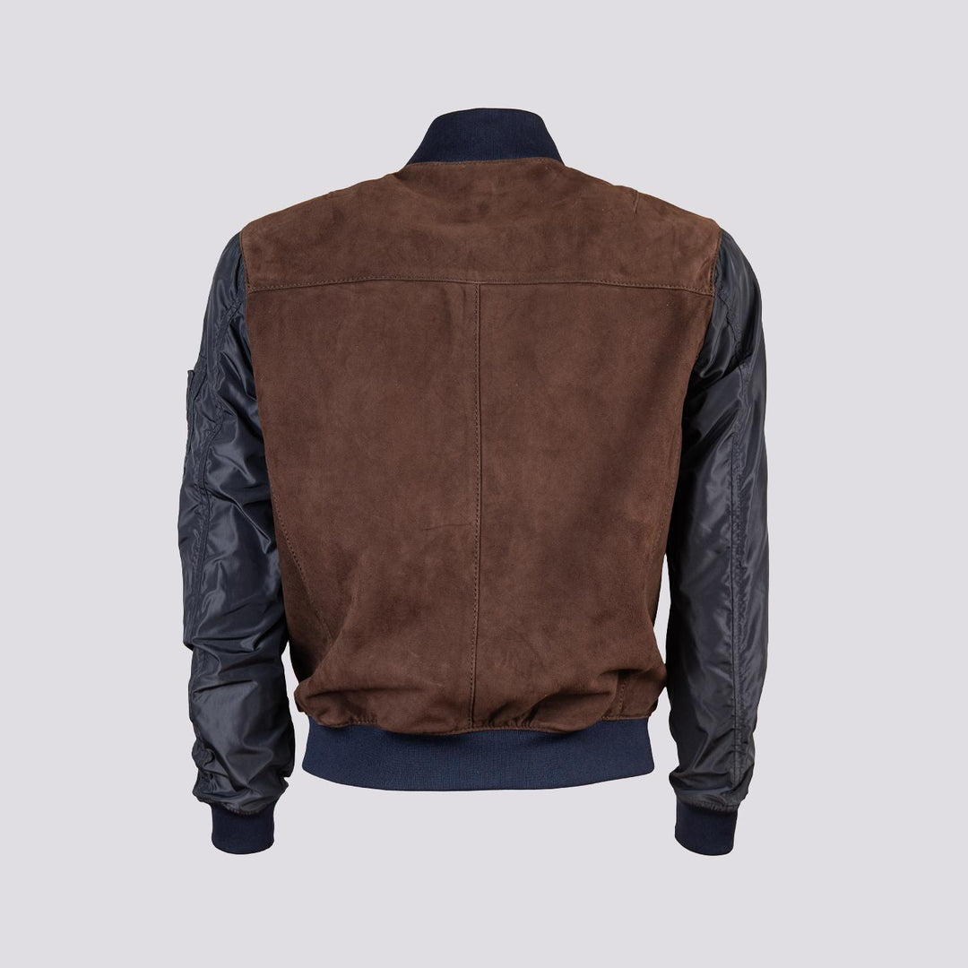 Giubbotto in camoscio marrone con maniche e inserti in nylon blu  "Rude Boy"