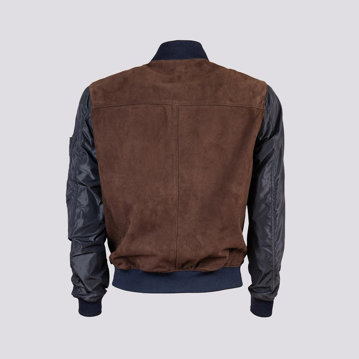 Giubbotto in camoscio marrone con maniche e inserti in nylon blu  "Rude Boy"