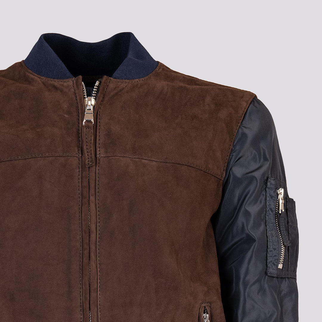 Giubbotto in camoscio marrone con maniche e inserti in nylon blu  "Rude Boy"