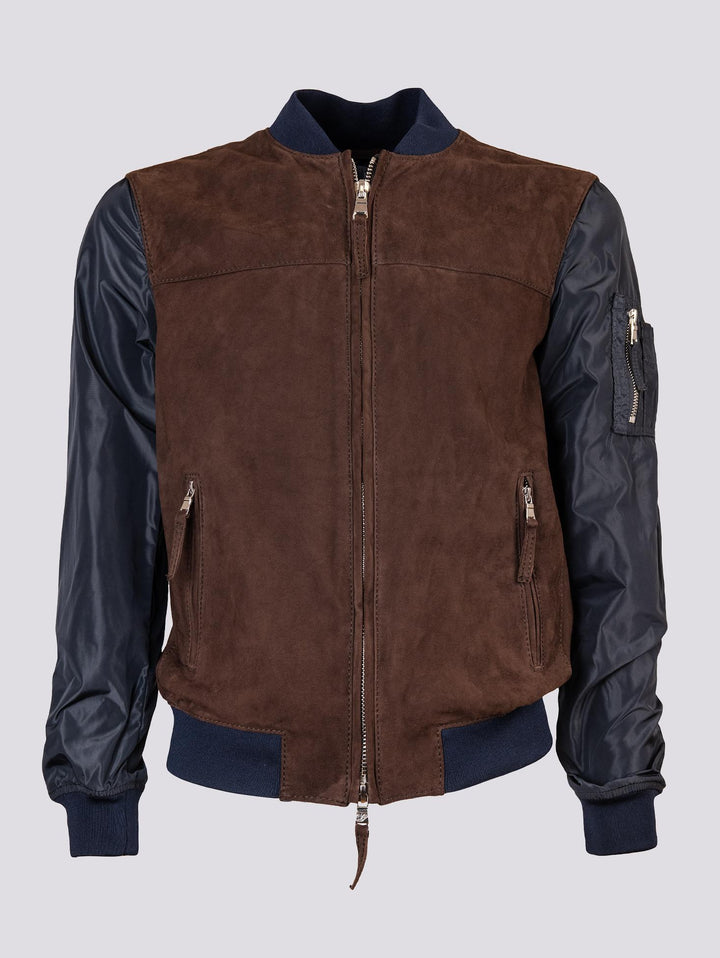 Giubbotto in camoscio marrone con maniche e inserti in nylon blu  "Rude Boy"