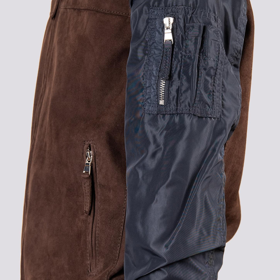 Giubbotto in camoscio marrone con maniche e inserti in nylon blu  "Rude Boy"