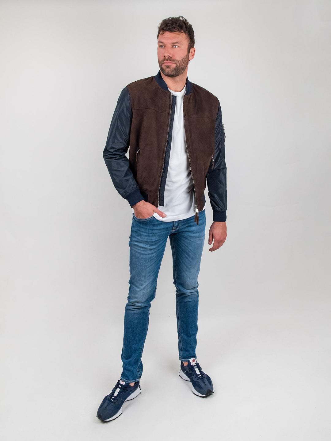 Giubbotto in camoscio marrone con maniche e inserti in nylon blu  "Rude Boy"