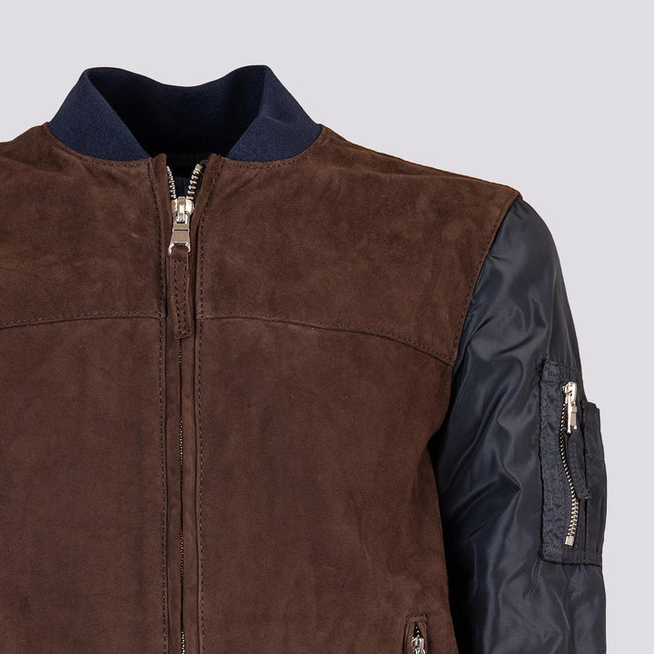 Giubbotto in camoscio marrone con maniche e inserti in nylon blu  "Rude Boy"