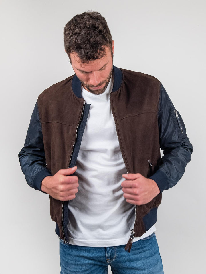 Giubbotto in camoscio marrone con maniche e inserti in nylon blu  "Rude Boy"