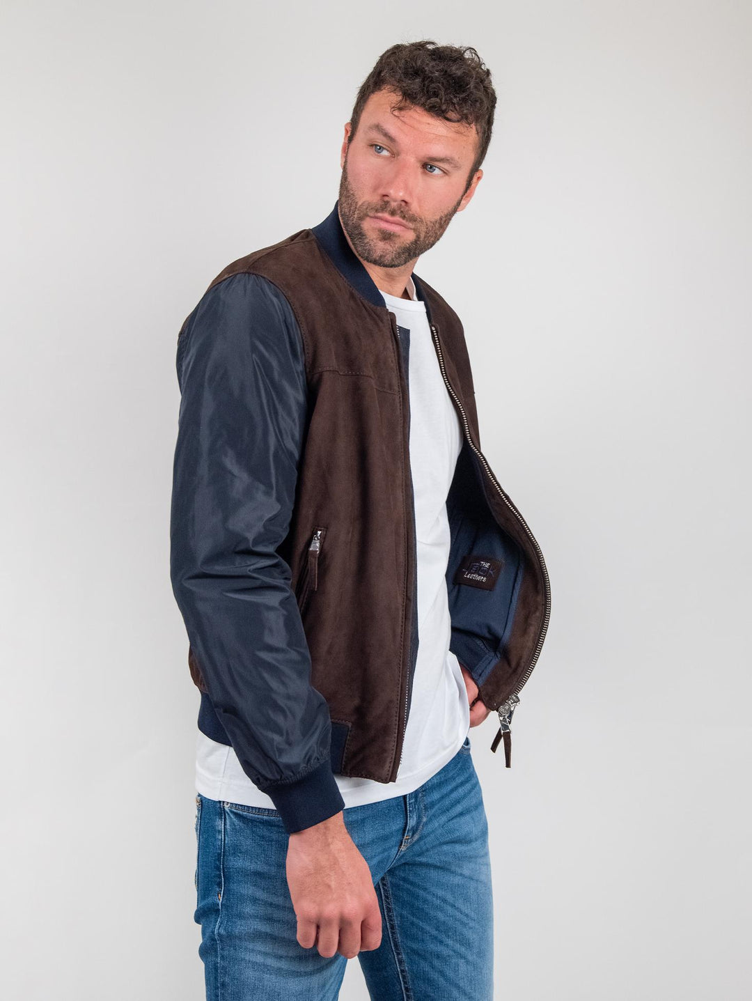 Giubbotto in camoscio marrone con maniche e inserti in nylon blu  "Rude Boy"