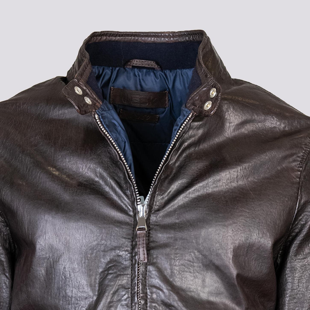 Giubbotto in pelle marrone con imbottitura RU44