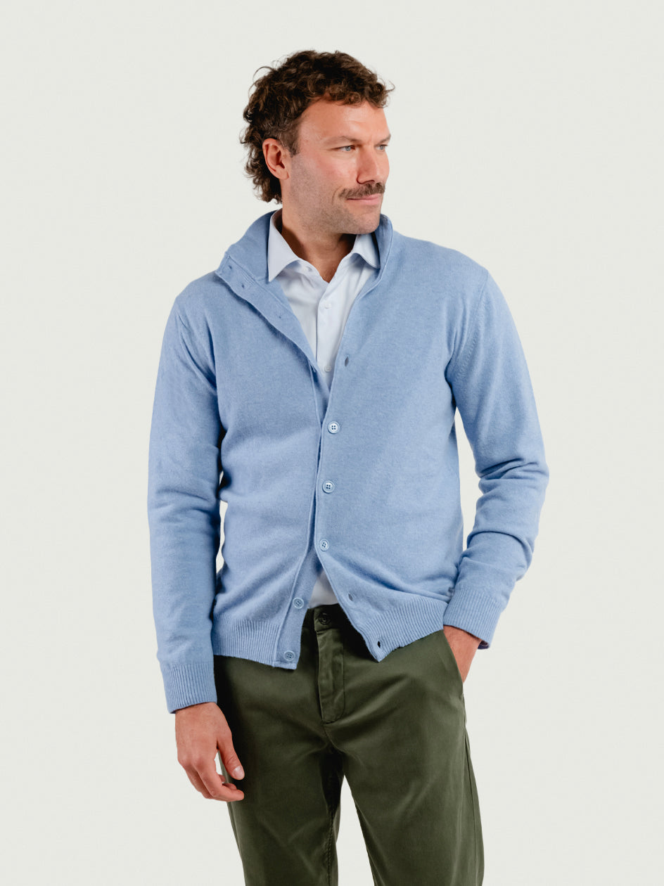 CARDIGAN LUPETTO IN LANA MERINO E CASHMERE AZZURRO LUPETTO BOTT 730 ANDREA MORANDO 