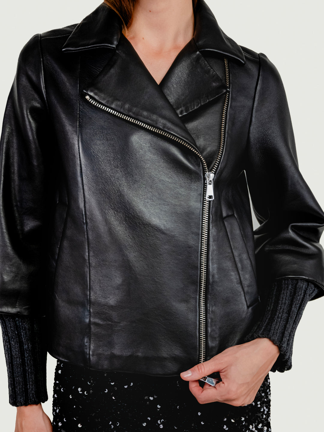 GIACCA GEMINI IN PELLE NERA CON MANICHE IN MAGLIA GEMINI 20 JACK LEATHER 