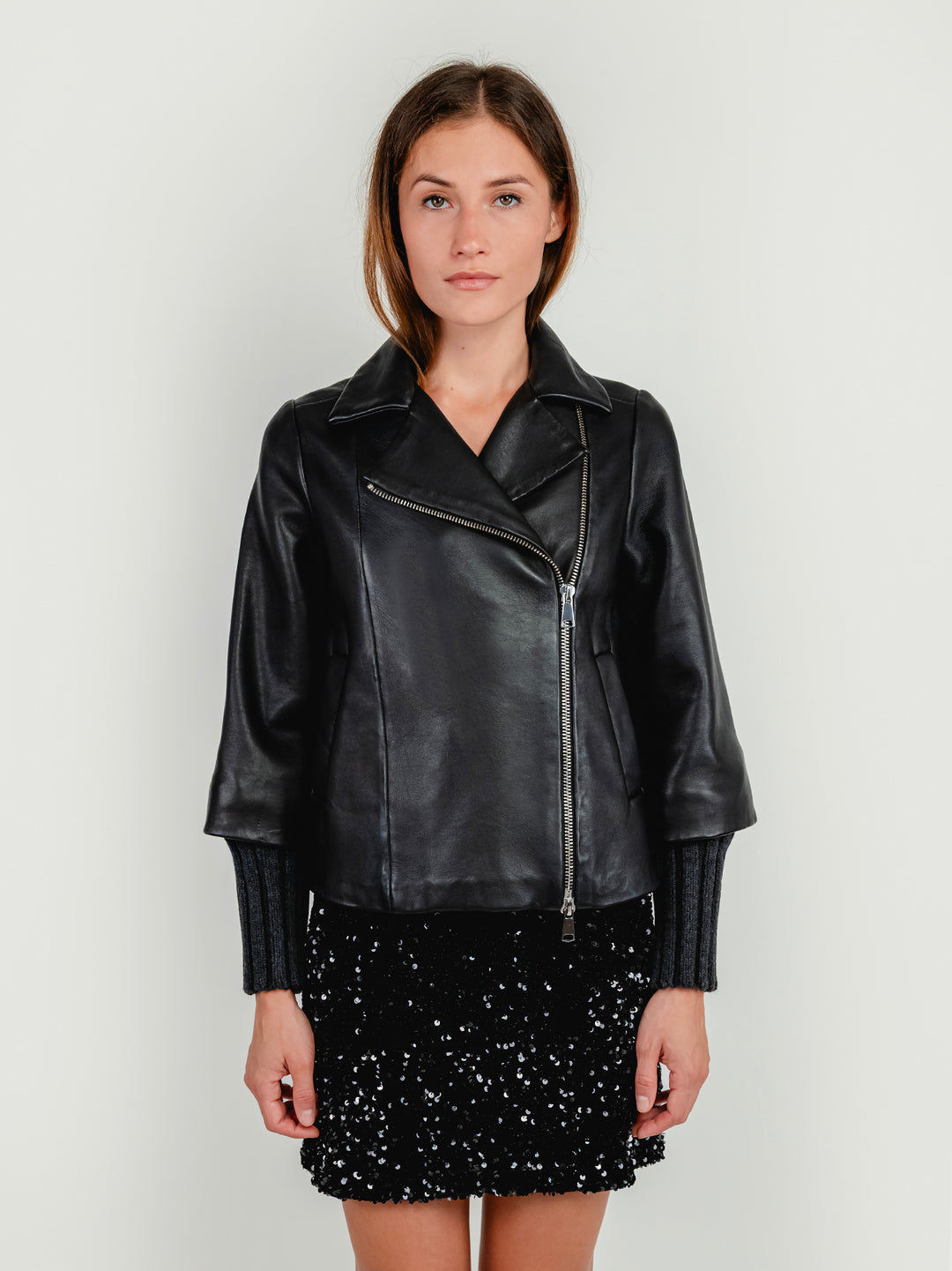 GIACCA GEMINI IN PELLE NERA CON MANICHE IN MAGLIA GEMINI 20 JACK LEATHER 