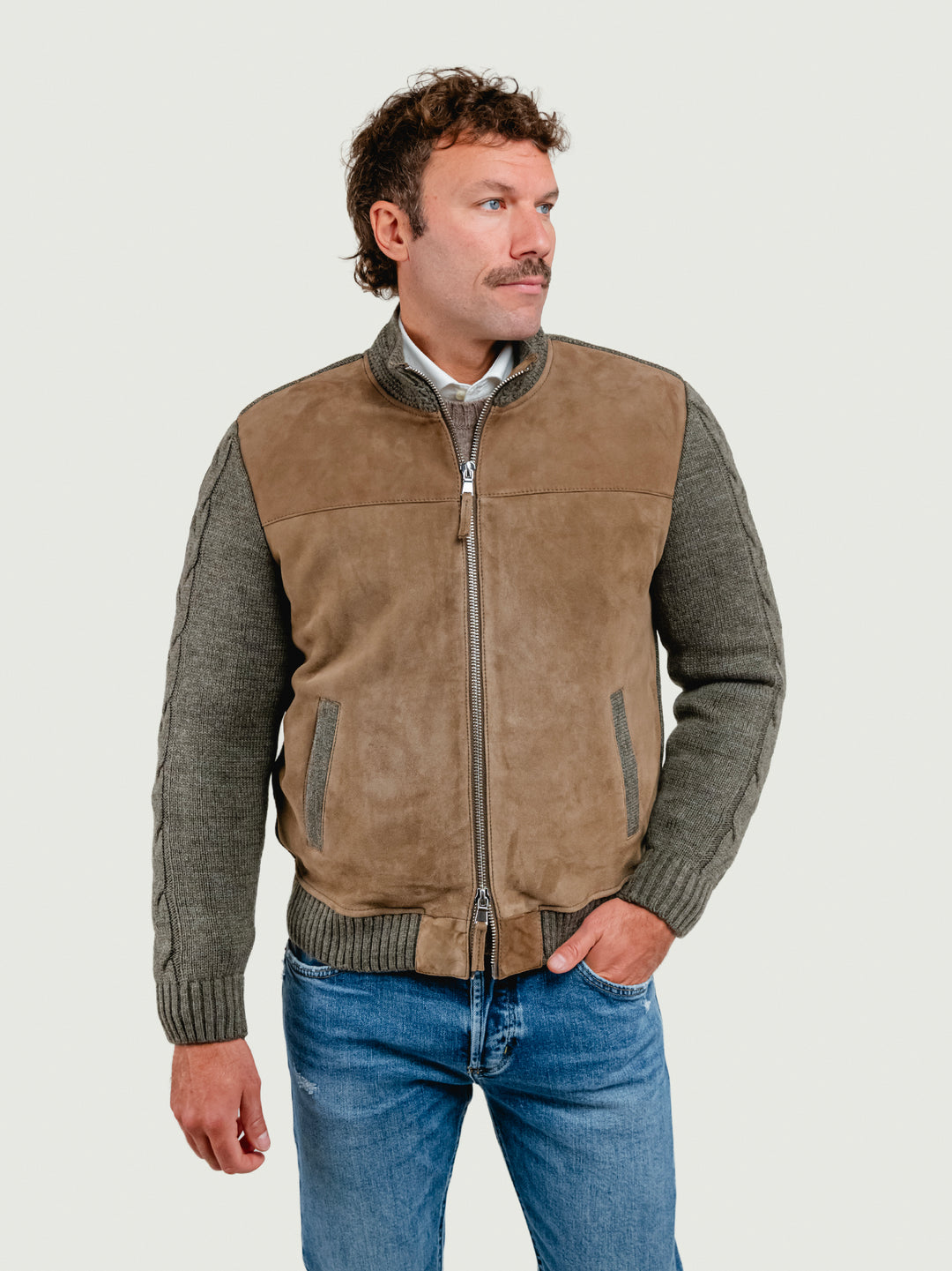 GIUBBOTTO THAMES KNIT IN CAMOSCIO E MAGLIA BEIGE VERDE THAMES KNIT 936 JACK LEATHER 