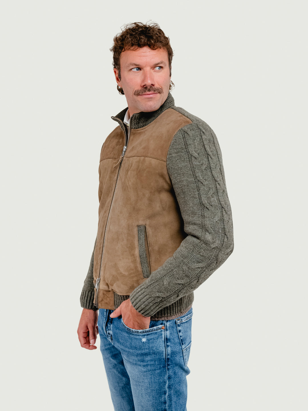 GIUBBOTTO THAMES KNIT IN CAMOSCIO E MAGLIA BEIGE VERDE THAMES KNIT 936 JACK LEATHER 