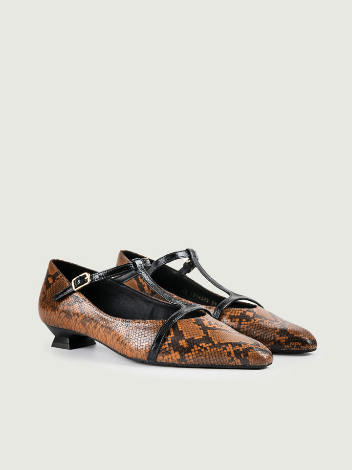 BALLERINA IN PELLE STAMPA PITONE  CON CINTURINO 5526 CUOIO LODI 