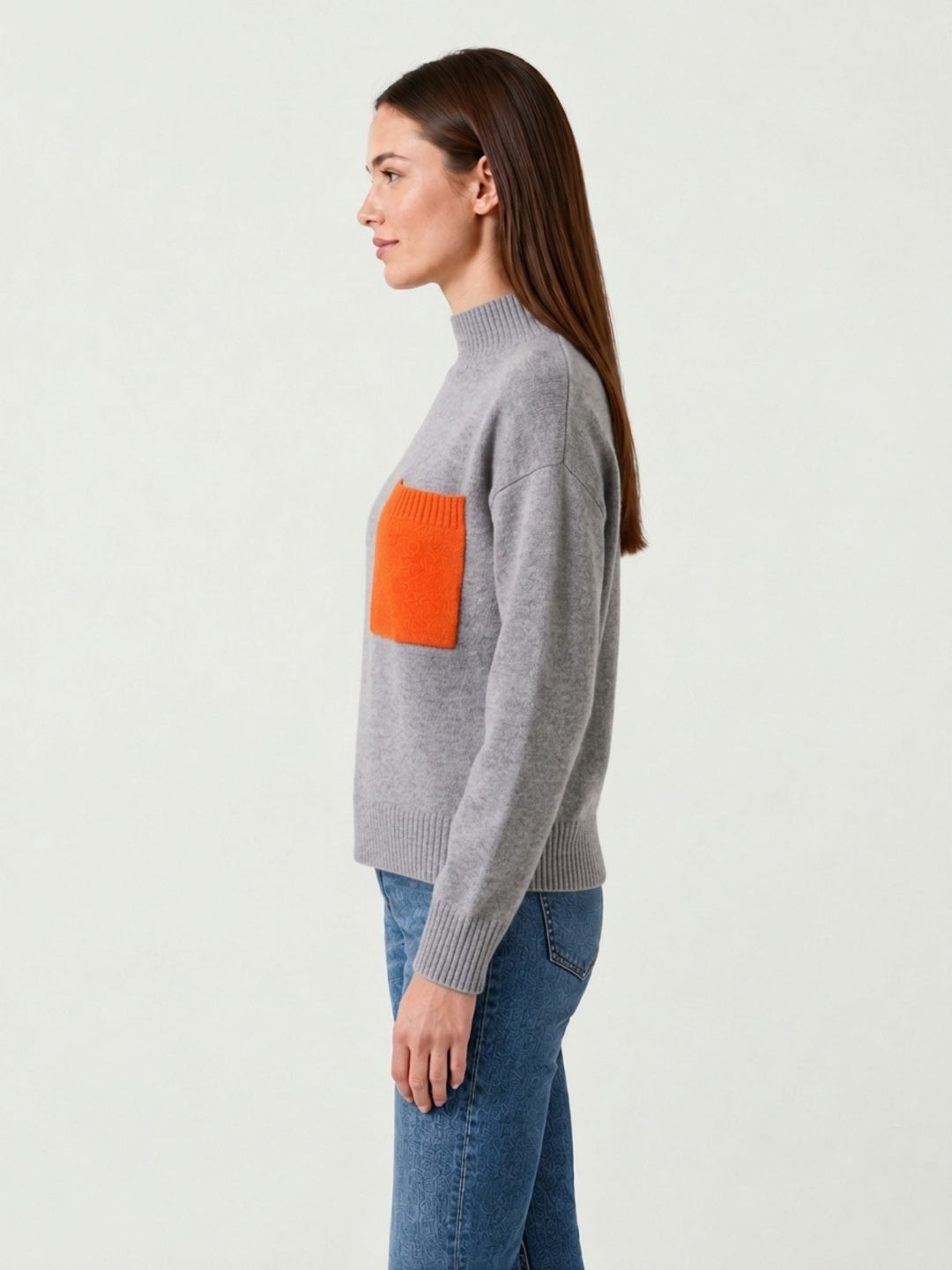Maglia Jillian in cashmere grigio con tasca arancio JILLIAN ASH/ORANGE ABSOLUT CASHMERE 
