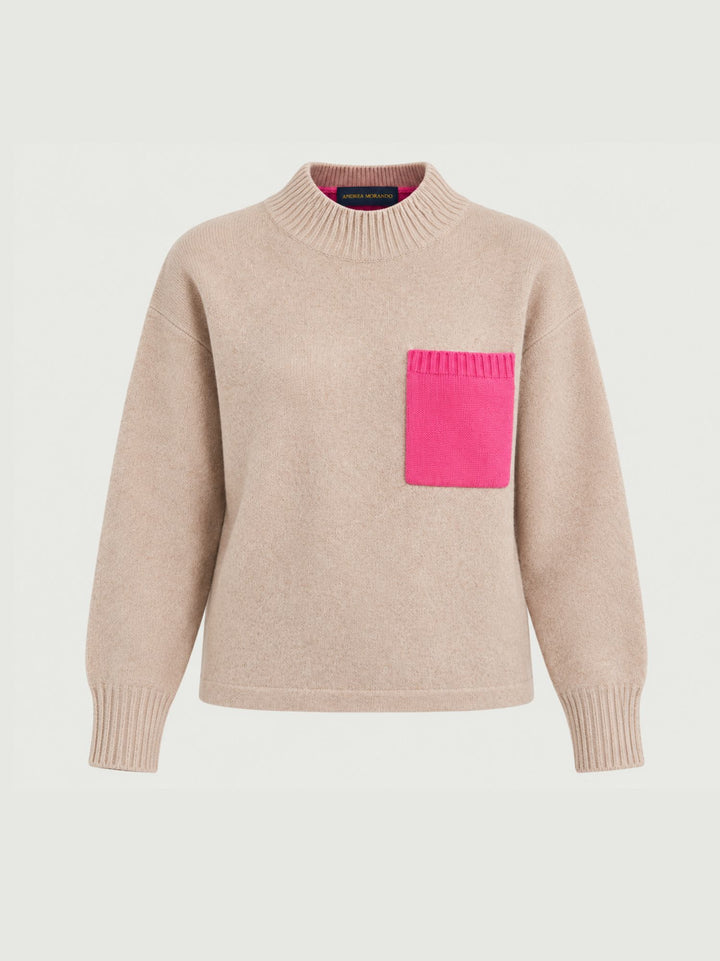 Maglia Jillian in cashmere beige con tasca rosa JILLIAN OAT/PINK ABSOLUT CASHMERE 