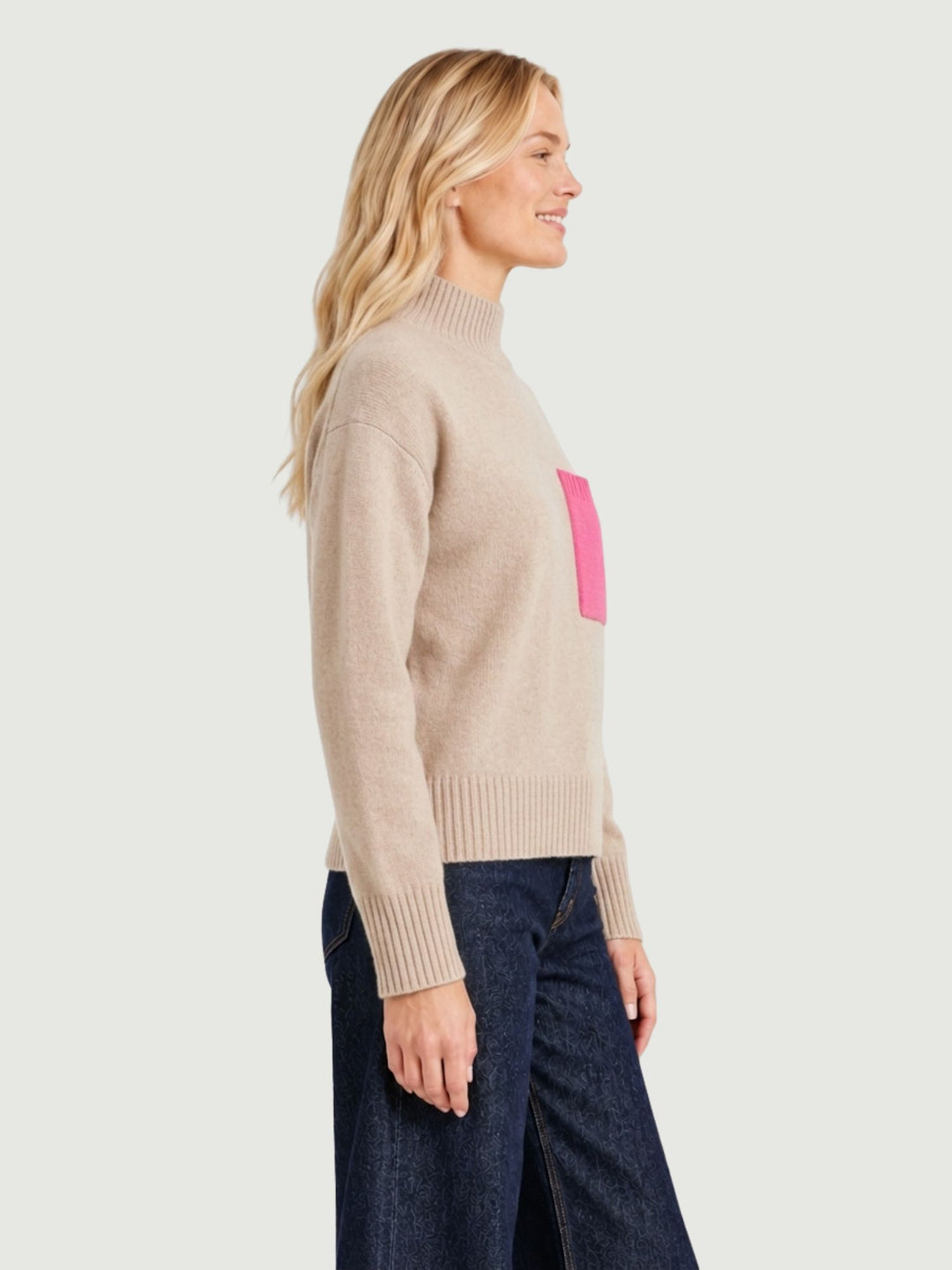 Maglia Jillian in cashmere beige con tasca rosa JILLIAN OAT/PINK ABSOLUT CASHMERE 