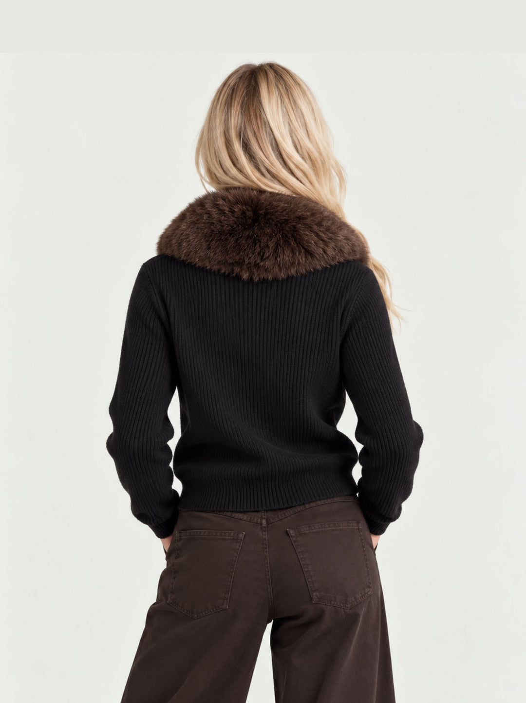 Cardigan a coste con collo in ecopelliccia N012 NERO BLEU DE JADE PARIS 