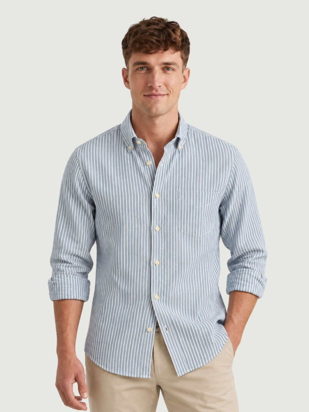 Camicia button-down in cotone azzurra a righe bianche ADRIAN 04 DEPERLU 