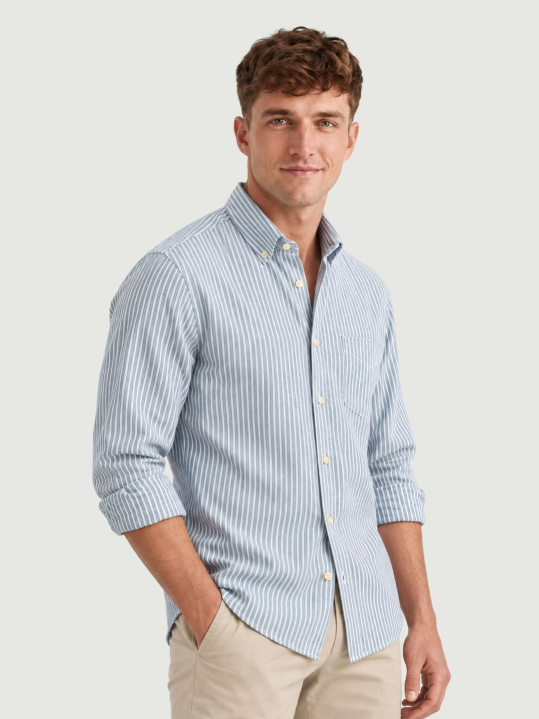 Camicia button-down in cotone azzurra a righe bianche ADRIAN 04 DEPERLU 
