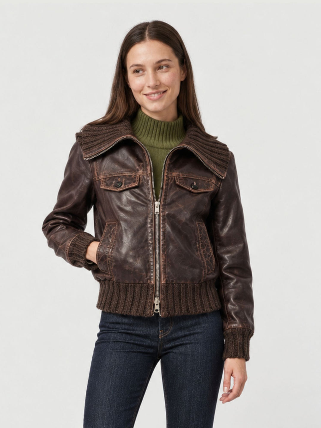 Giacca Clelia in pelle testa di moro con finiture a coste CLELIA 06 JACK LEATHER 