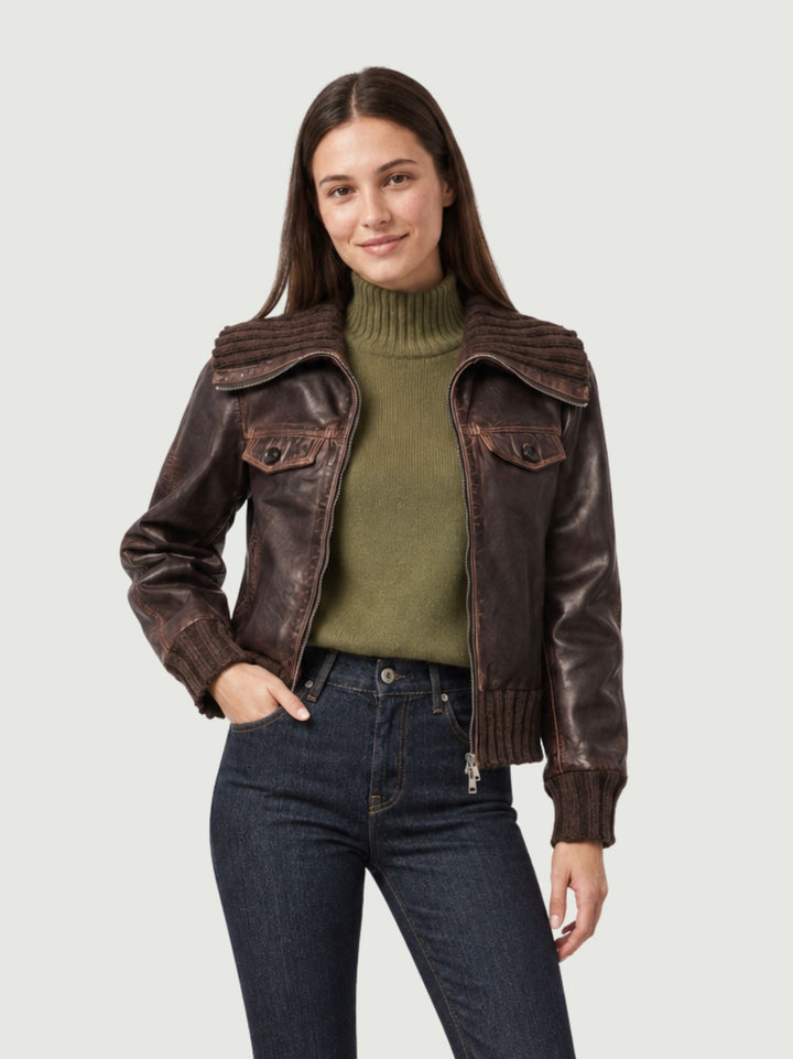 Giacca Clelia in pelle testa di moro con finiture a coste CLELIA 06 JACK LEATHER 