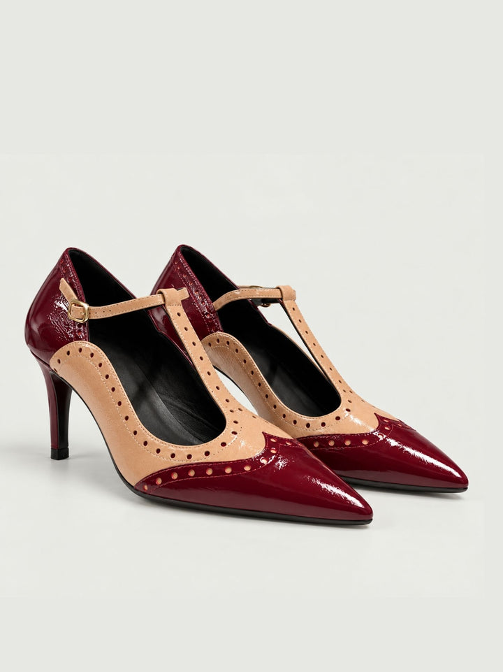 Décolleté T-bar in pelle lucida bordeaux e beige NOLAN WINE LODI 