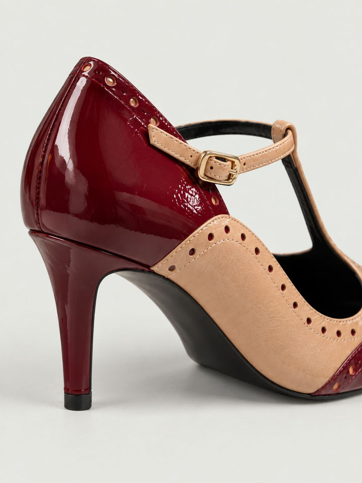 Décolleté T-bar in pelle lucida bordeaux e beige NOLAN WINE LODI 