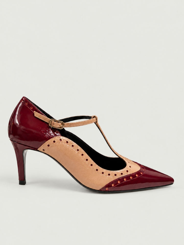Décolleté T-bar in pelle lucida bordeaux e beige NOLAN WINE LODI 